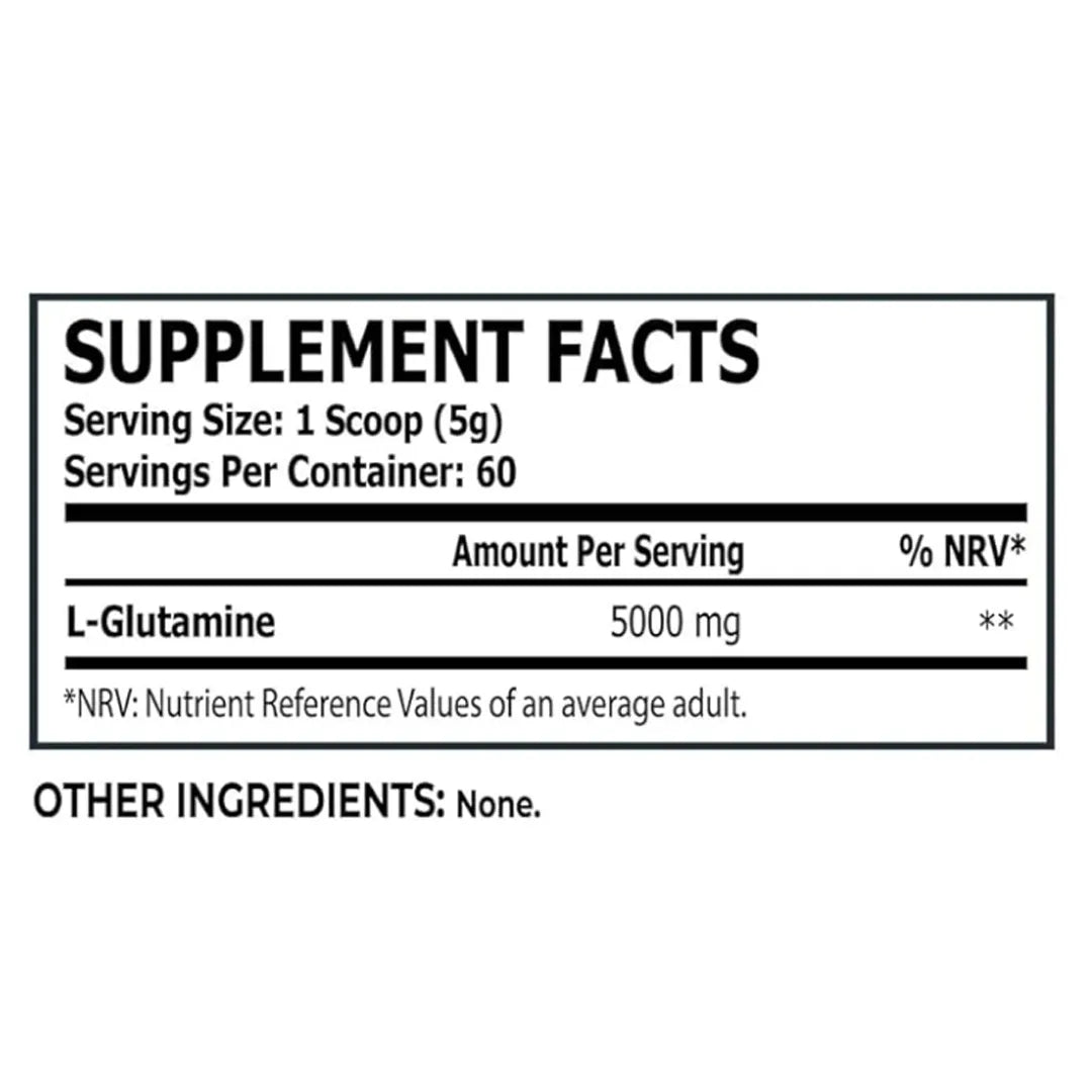 Supplement facts label for L-Glutamine with serving size, servings per container, and amount per serving details.