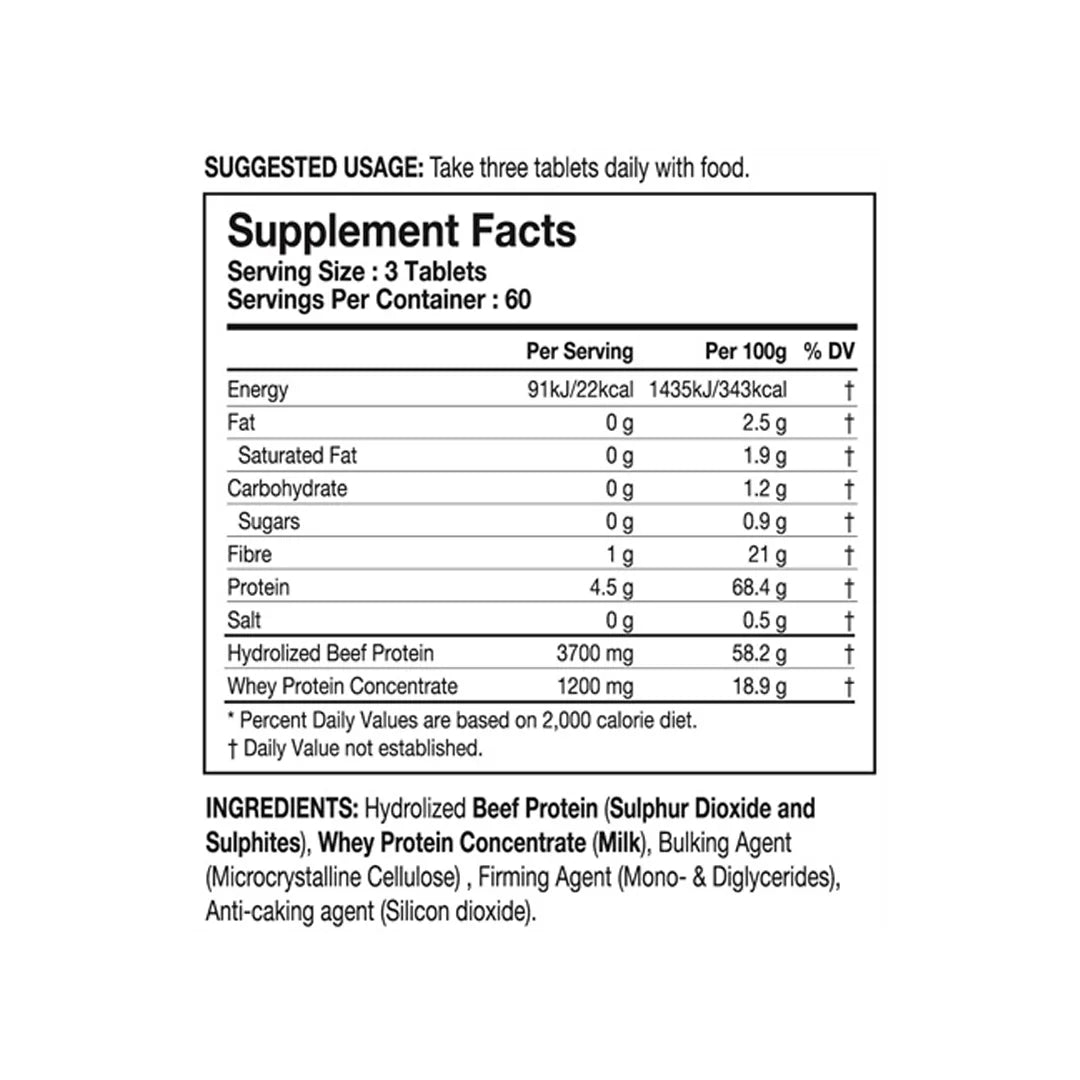 Supplement facts for FA Beef Amino 300 Tablets, showcasing key ingredients like beef protein amino acids and BCAAs for enhanced muscle recovery and performance.