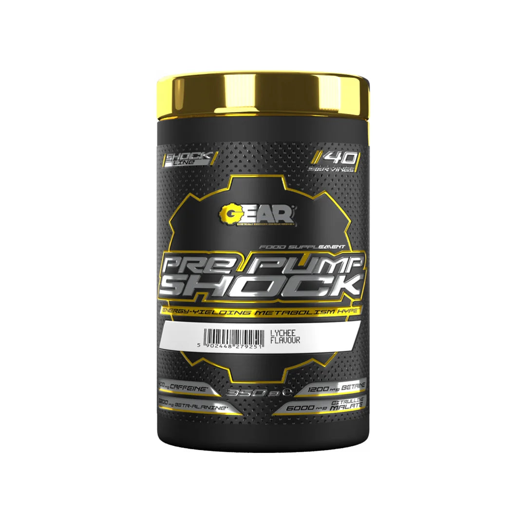 Black supplement container labeled 'PrePump Shock' with yellow text on a white background