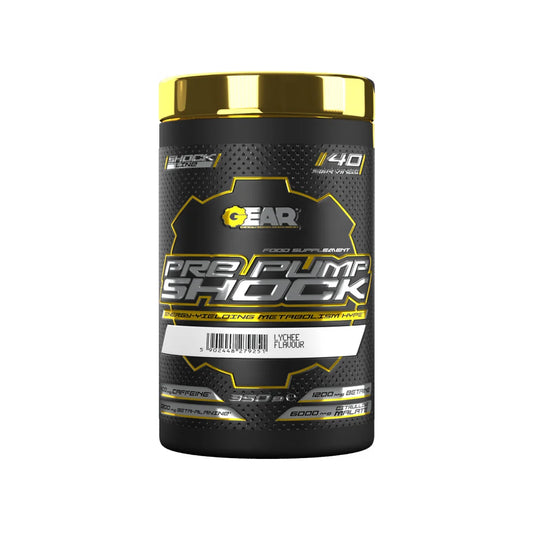 Black supplement container labeled 'PrePump Shock' with yellow text on a white background