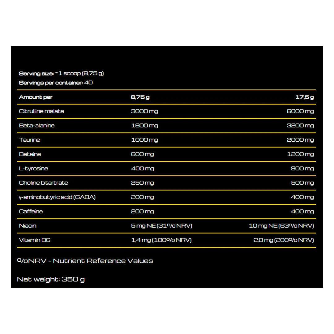 Nutritional label with ingredient list and values on a black background