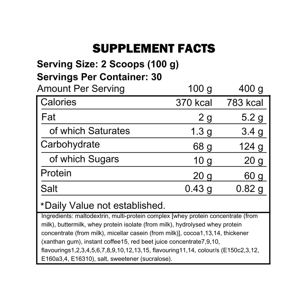Kevin Levrone Levro Legendary Mass 3kg nutrition label showing high calorie protein carbohydrate mass gainer formula