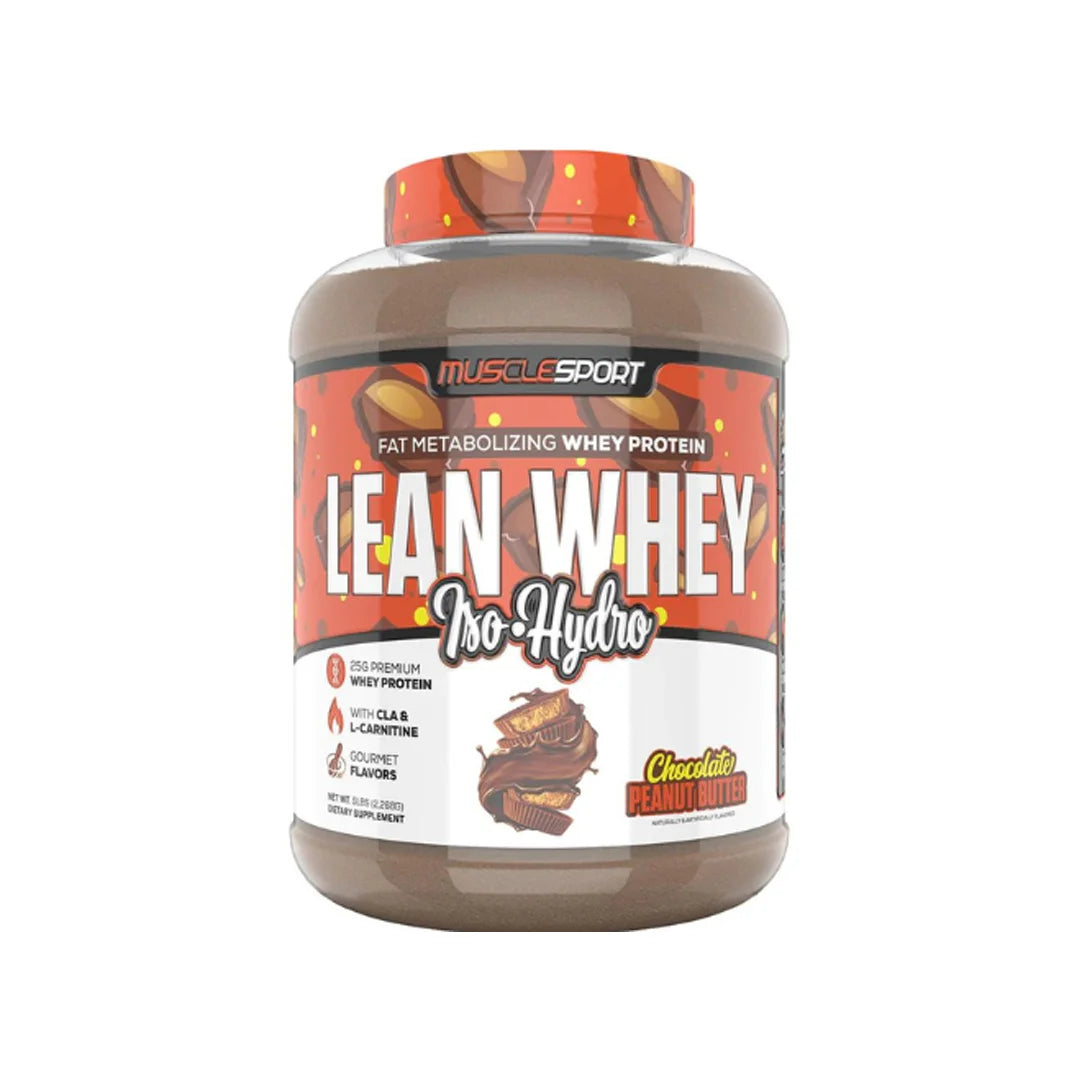 MuscleSport Lean Whey Iso Hydro protein powder jar with chocolate peanut butter flavor on a white background