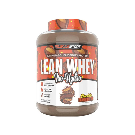 MuscleSport Lean Whey Iso Hydro protein powder jar with chocolate peanut butter flavor on a white background