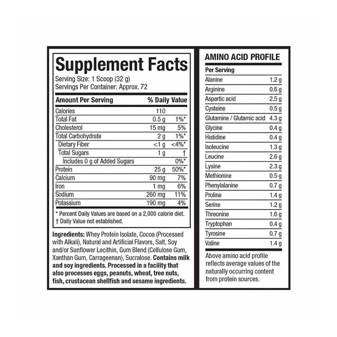 Ingredients and supplement facts of MuscleTech ISO Whey Protein 5lbs