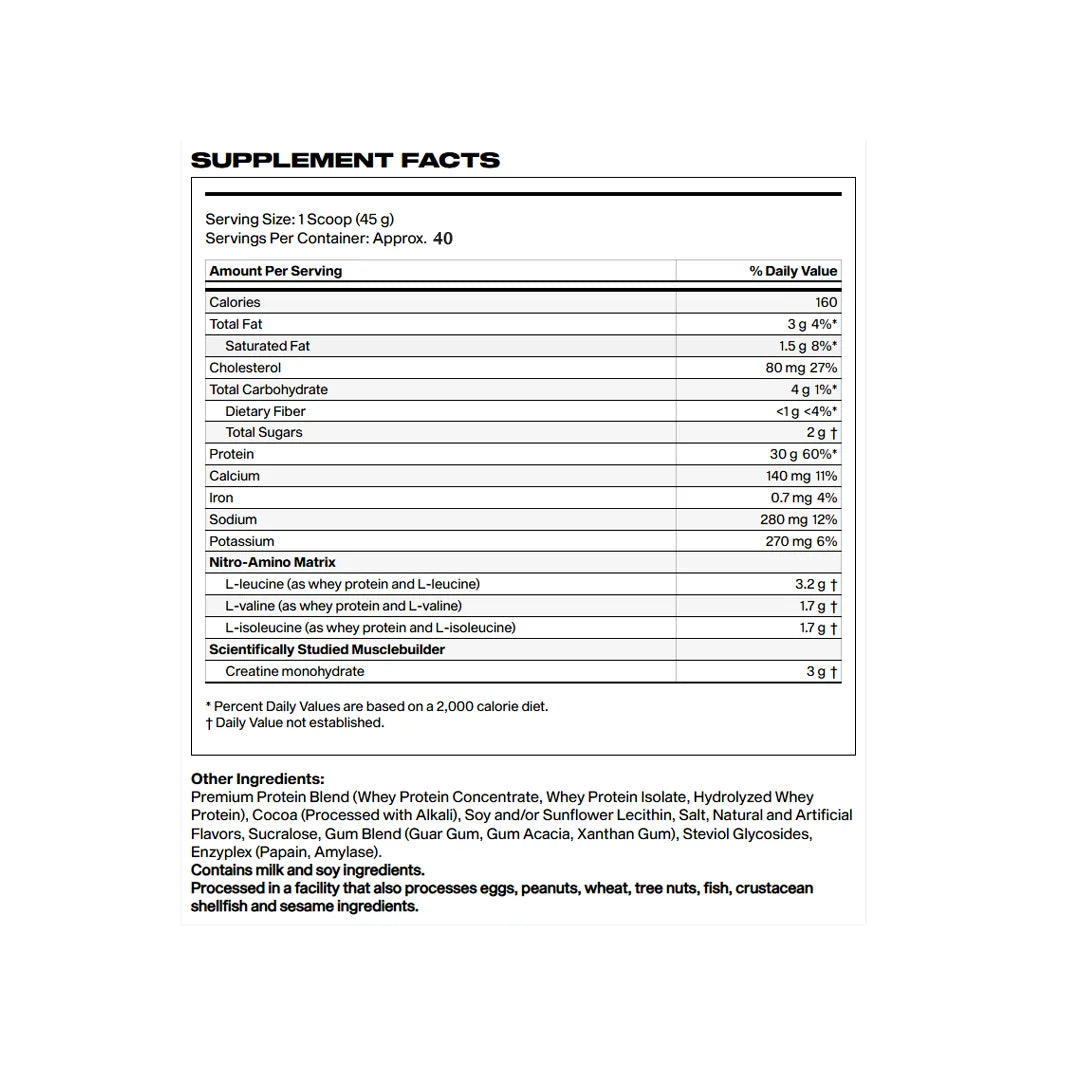 Nutrition and supplement facts of MuscleTech Nitro Tech Whey Protein 4 Lbs available at Nutrojenix.com