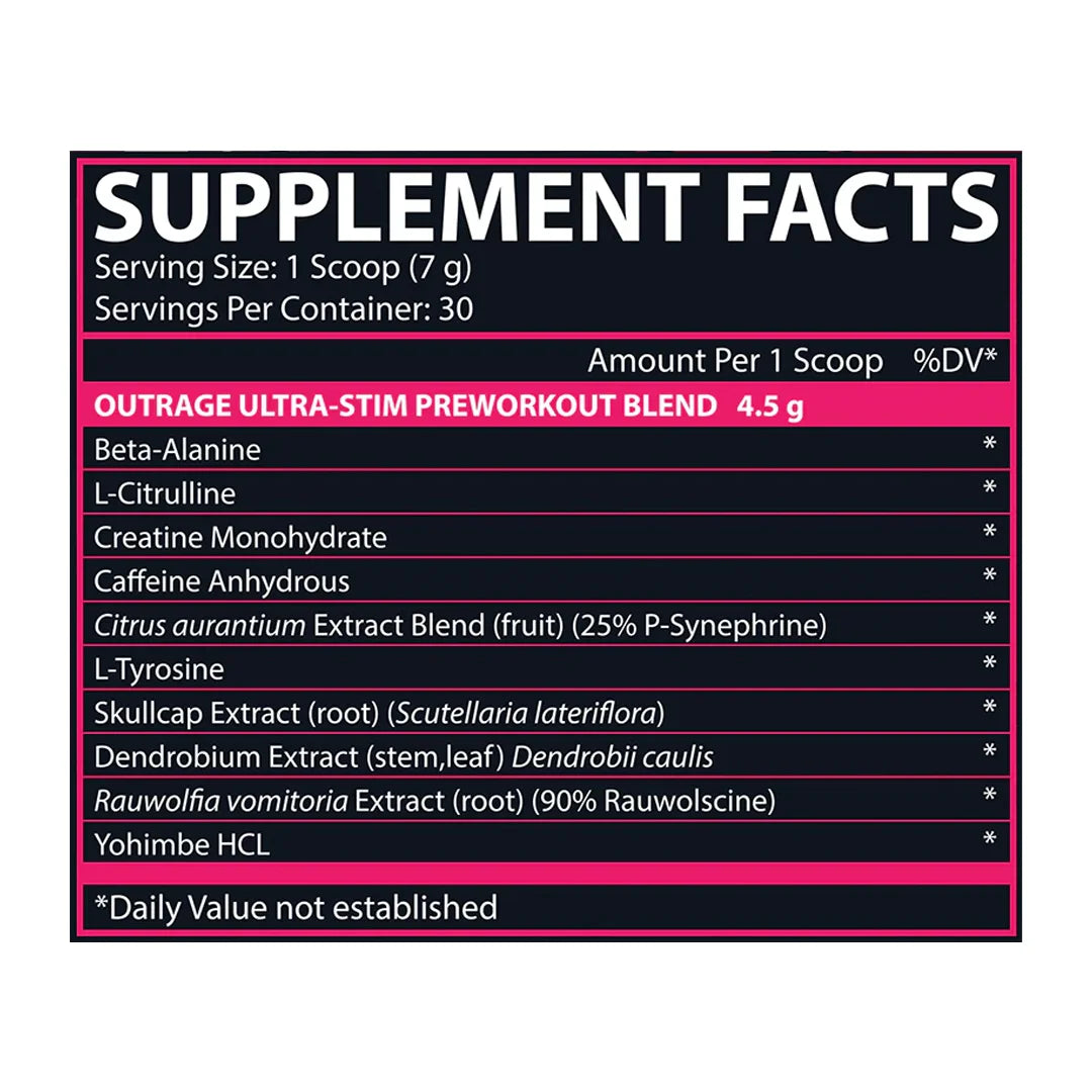 Supplement facts label for Outrage Ultra-Stim Preworkout Blend with black and pink design.