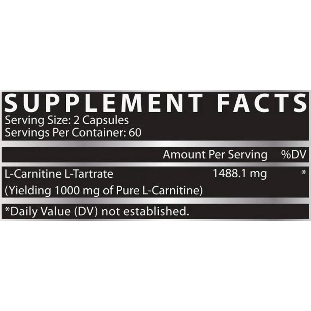 Supplement facts label with L-Carnitine L-Tartrate information on a white background