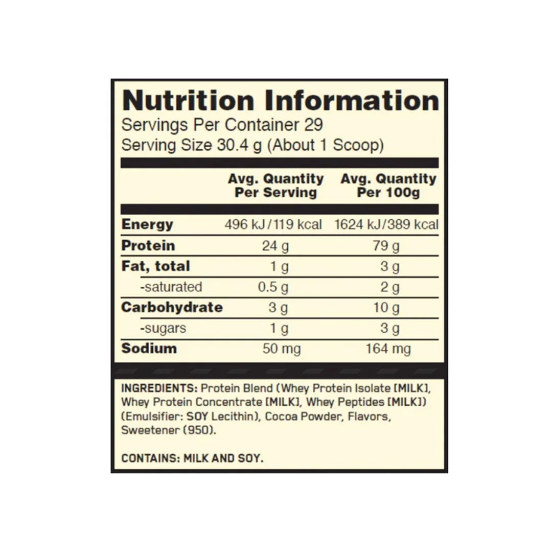 Nutrition information label for a protein product on a white background