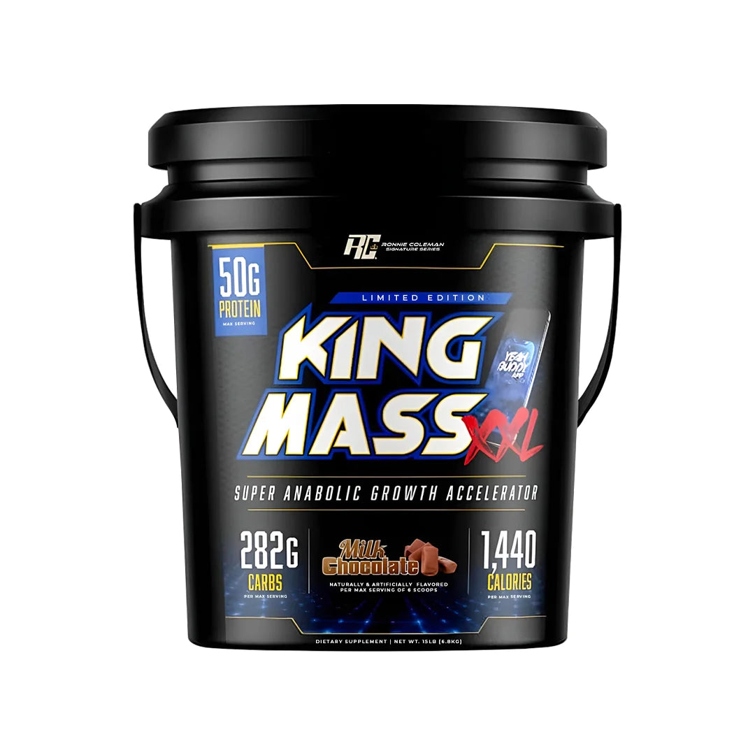 Ronnie Coleman King Mass XXL Milk Chocolate 15 Lb, a premium mass gainer to fuel muscle growth, enhance strength, and promote recovery.