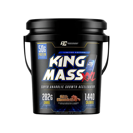 Ronnie Coleman King Mass XXL Milk Chocolate 15 Lb, a premium mass gainer to fuel muscle growth, enhance strength, and promote recovery.