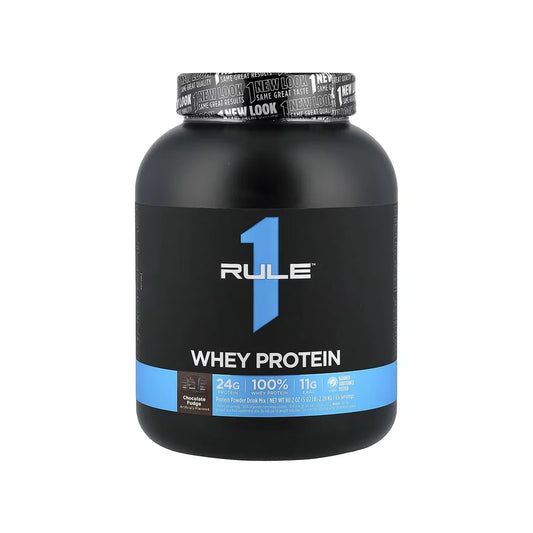 Rule 1 Whey Protein Chocolate Fudge tub showing flavour and serving count