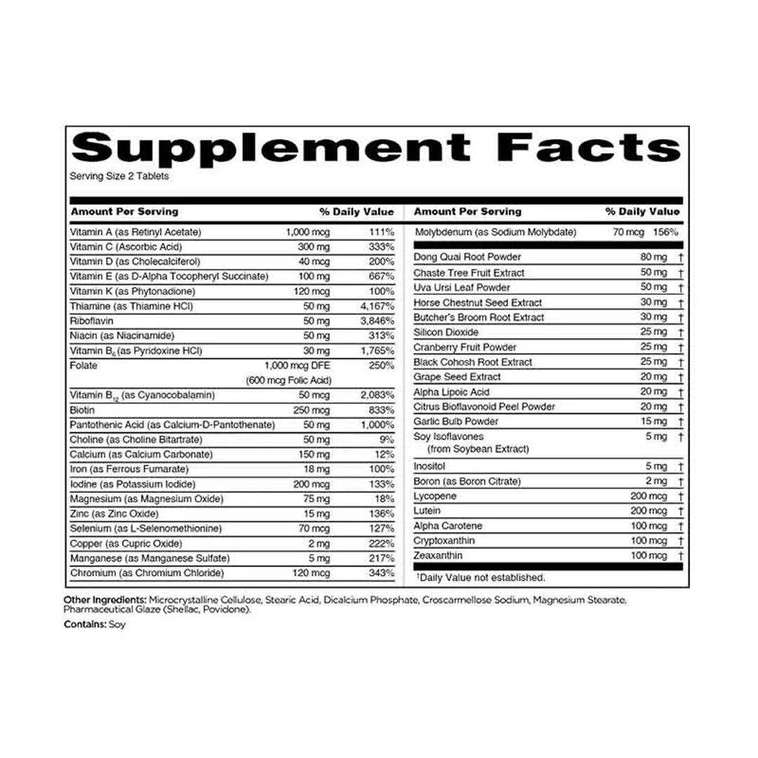 Supplement facts of Rule1 Women’s Multi High Potency Multivitamin 60 Tabs at Nutrojenix.com