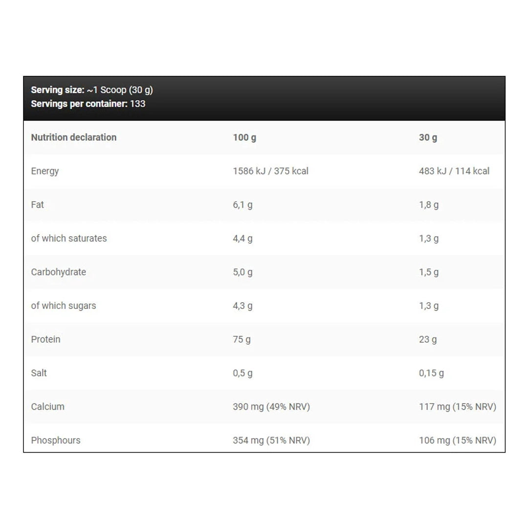 Nutrition label of Kevin Levrone Anabolic Prime-Pro Whey Protein 4Kg including protein content and ingredients