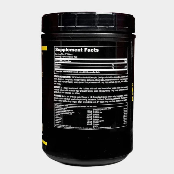 Universal 100% Beef Aminos supplement facts label — EAA and BCAA amino acid profile per serving