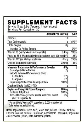 Supplement facts label with detailed nutritional information on a white background