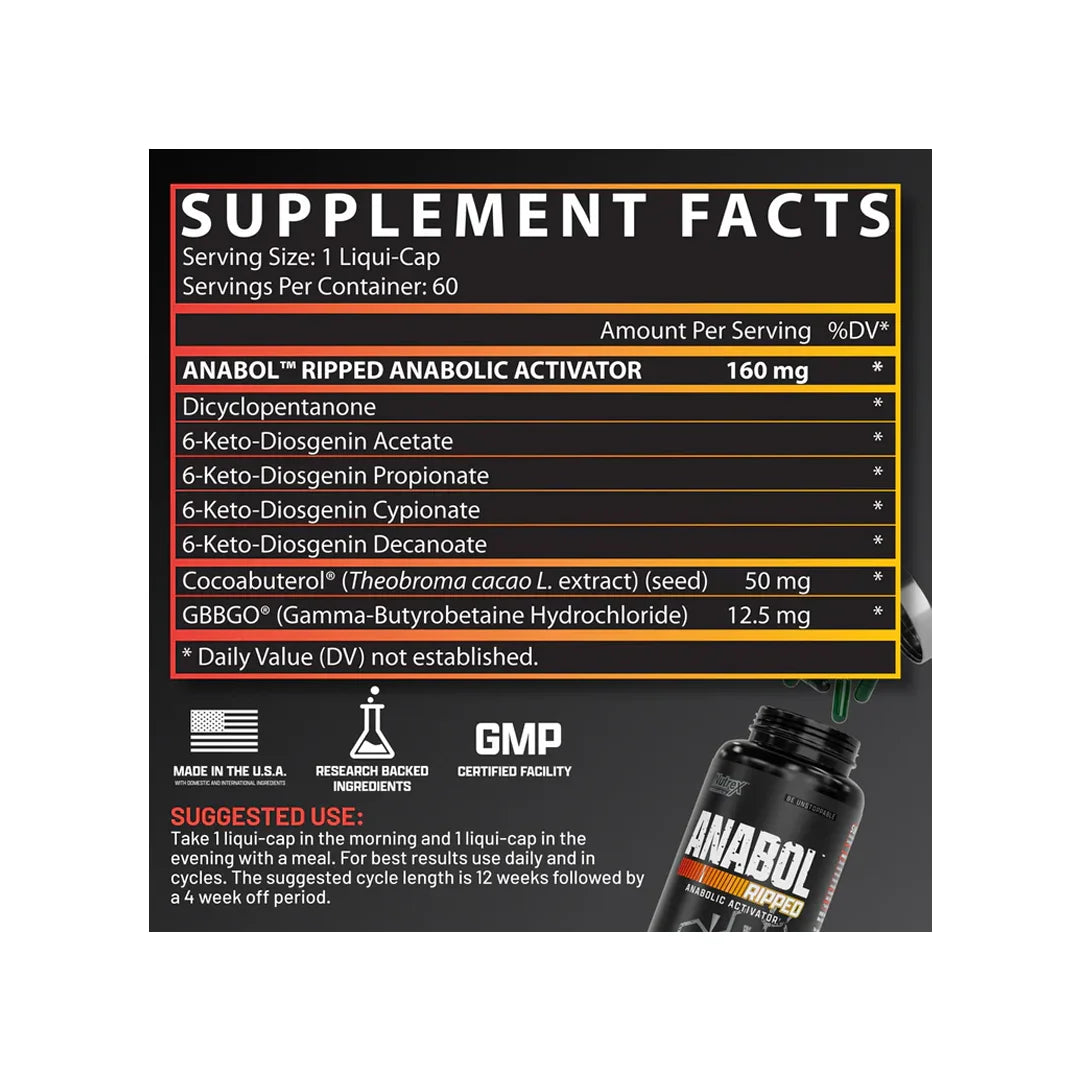 Nutrex Anabol Ripped supplement facts label showing muscle recovery formula ingredients