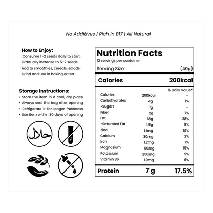 Nutrition facts label with storage instructions and product details on a white background