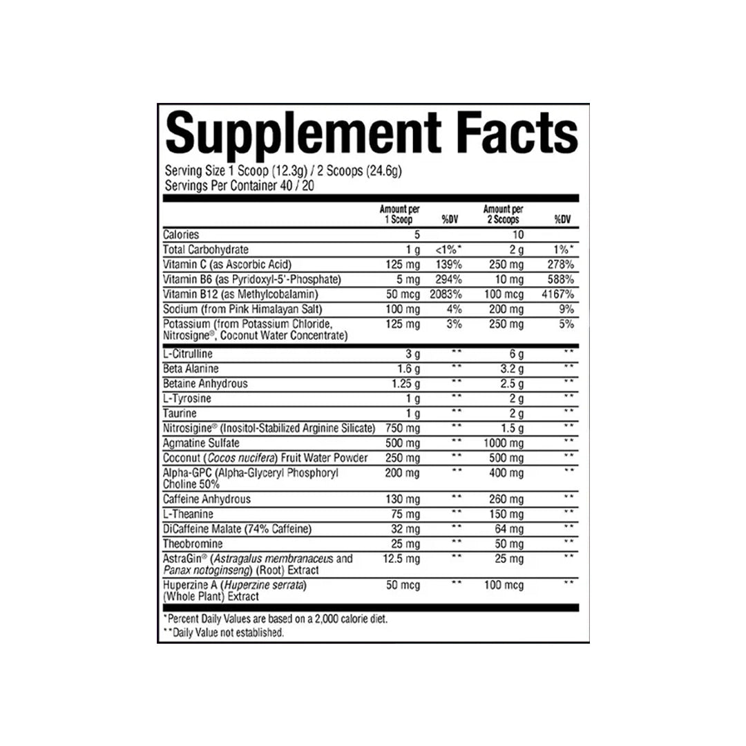 CBUM Thavage pre workout Pakistan nutrition label showing ingredients and serving details