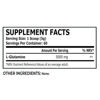 Supplement facts label for L-Glutamine with serving size, servings per container, and amount per serving details.