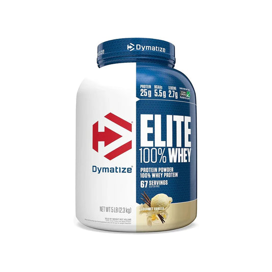 Dymatize Elite 100% Whey protein powder container on a white background