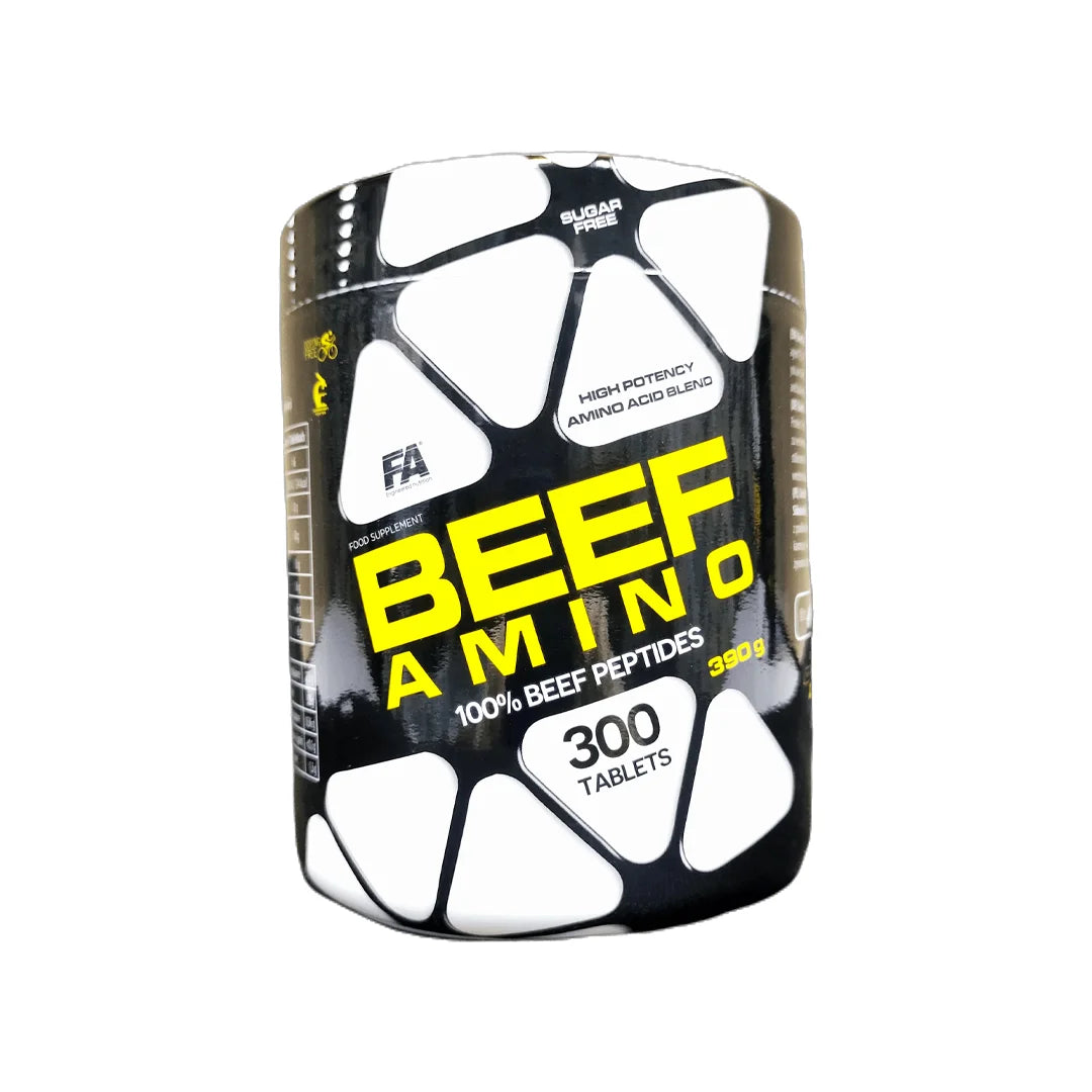 FA Beef Amino 300 Tablets, a premium amino acid supplement derived from beef protein to support muscle recovery, growth, and endurance.