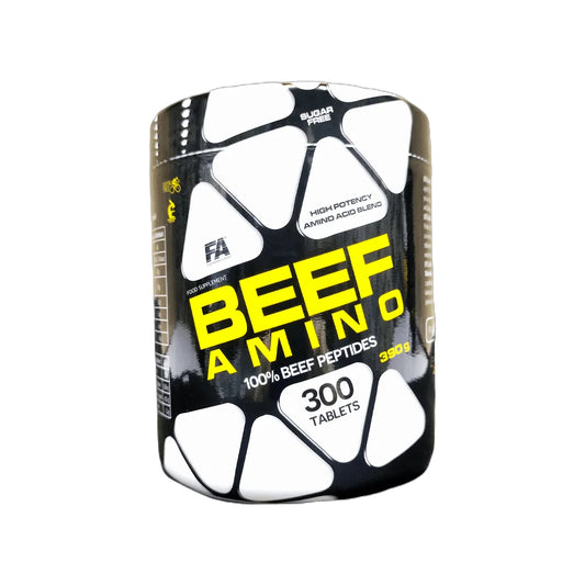FA Beef Amino 300 Tablets, a premium amino acid supplement derived from beef protein to support muscle recovery, growth, and endurance.