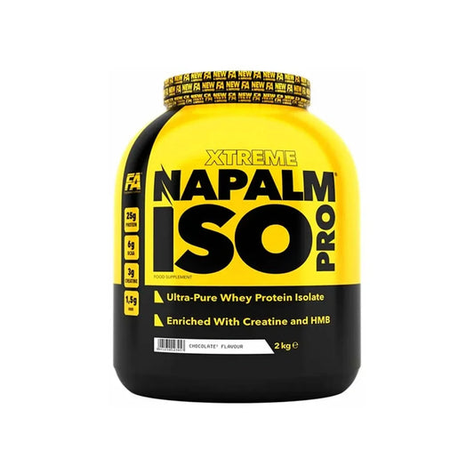 Yellow and black protein supplement container labeled 'Napalm ISO Pro' on a white background