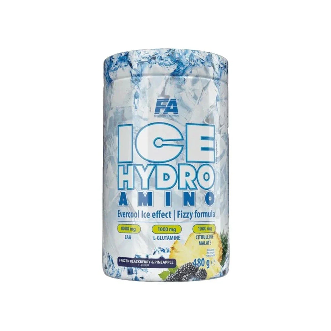Container of Ice Hydro Amino supplement with blue and white design on a white background