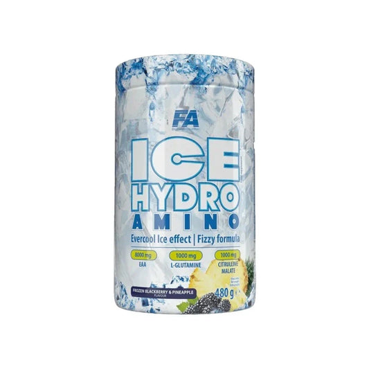 Container of Ice Hydro Amino supplement with blue and white design on a white background