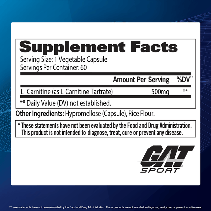 Supplement facts label for a GAT Sport product on a blue background