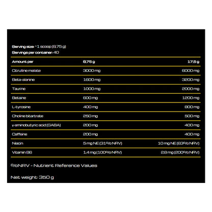 Nutritional label with ingredient list and values on a black background