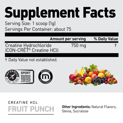 Kaged Creatine HCL nutrition facts label showing serving size, ingredients, and supplement facts