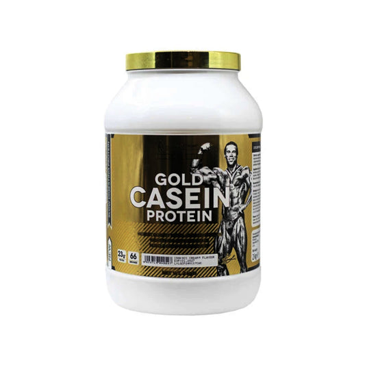 Gold Casein Protein container with a gold lid on a white background