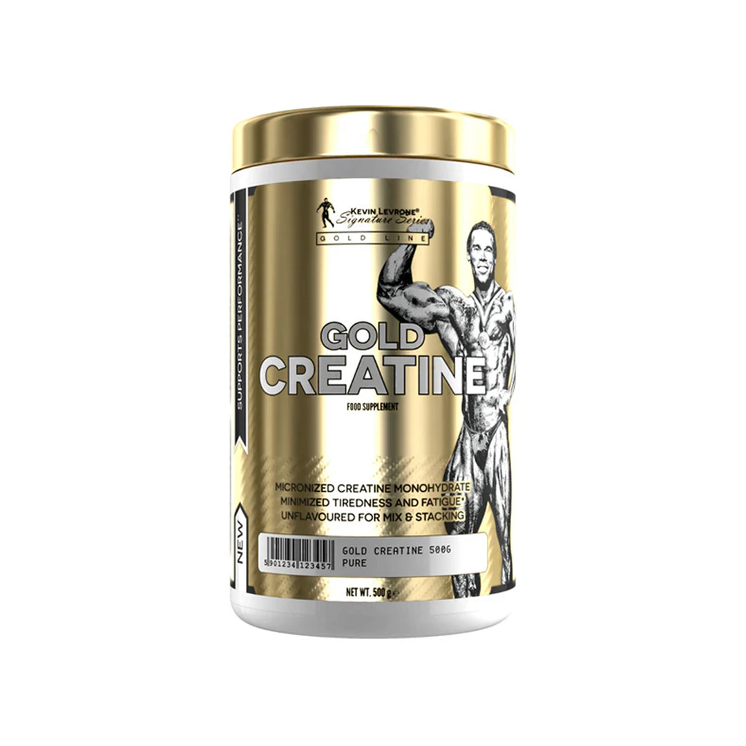 Gold Creatine supplement container with a gold and black design on a white background