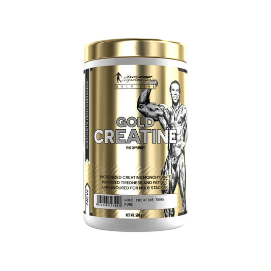 Gold Creatine supplement container with a gold and black design on a white background