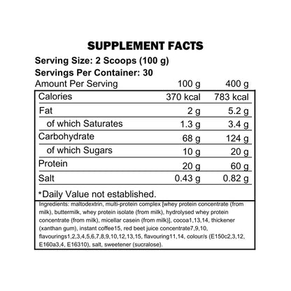 Kevin Levrone Levro Legendary Mass 3kg nutrition label showing high calorie protein carbohydrate mass gainer formula