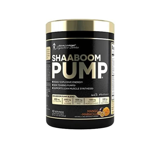 Black supplement container labeled 'Shaaboom Pump' on a white background