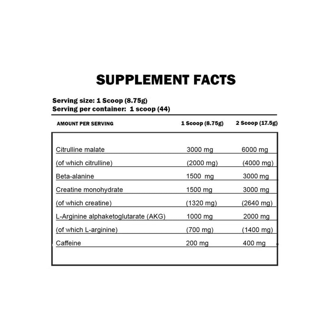 Supplement facts label with detailed nutritional information on a white background