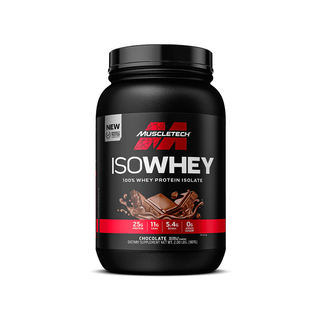 Muscletech ISOWhey protein powder container on a white background