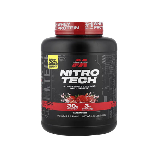 MuscleTech Nitro Tech protein powder container on a white background