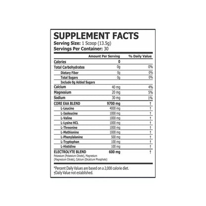 Supplement facts label with detailed nutritional information on a white background