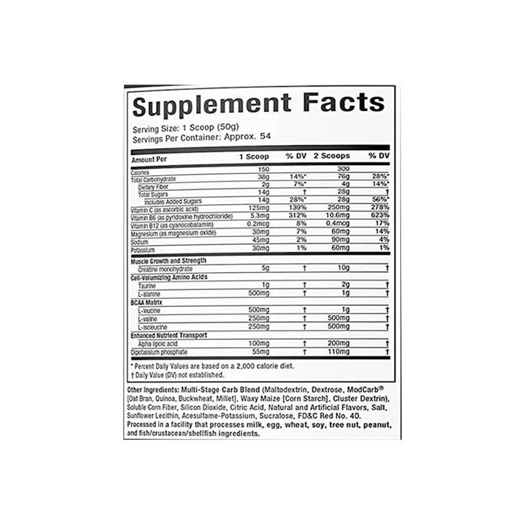Muscletech Cell Tech Creatine 6lbs nutrition label showing creatine carbs and energy blend for muscle gain