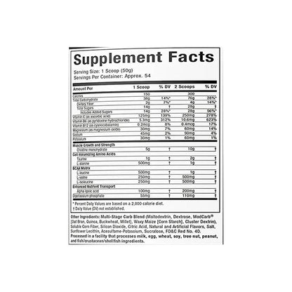 Muscletech Cell Tech Creatine 6lbs nutrition label showing creatine carbs and energy blend for muscle gain