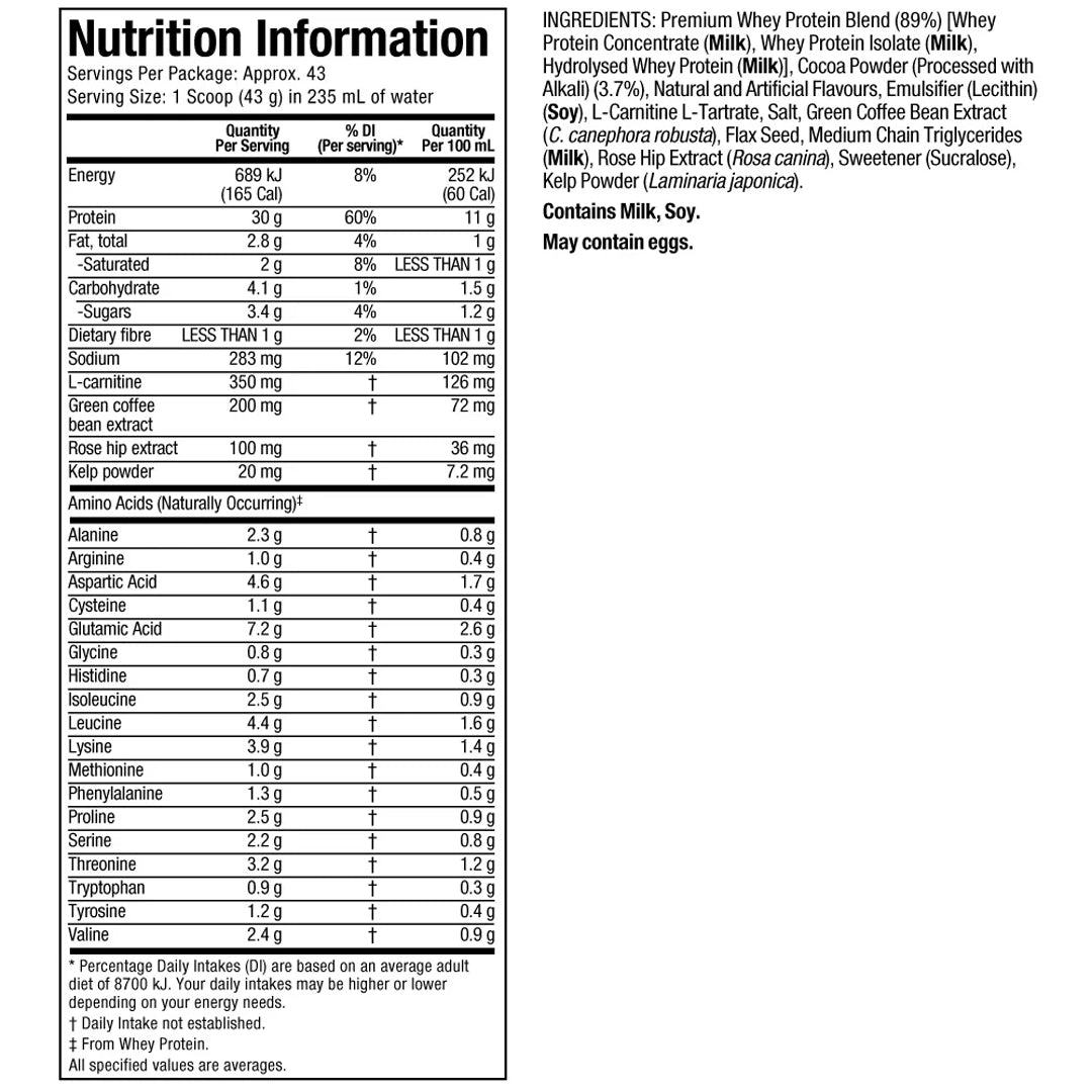 Nutrition label for a protein supplement with detailed ingredient list and nutritional information.