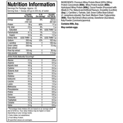 Nutrition label for a protein supplement with detailed ingredient list and nutritional information.