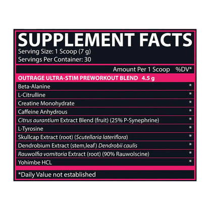 Supplement facts label for Outrage Ultra-Stim Preworkout Blend with black and pink design.