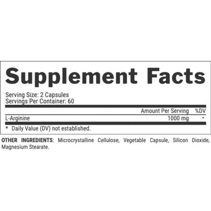 Supplement facts label with L-Arginine information on a white background