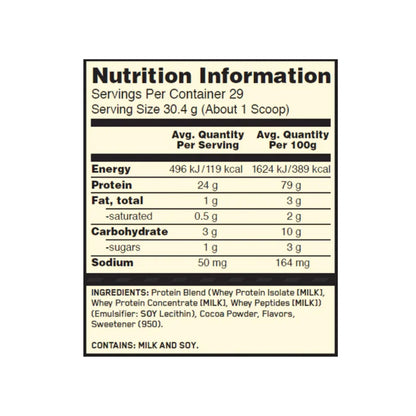 Nutrition information label for a protein product on a white background