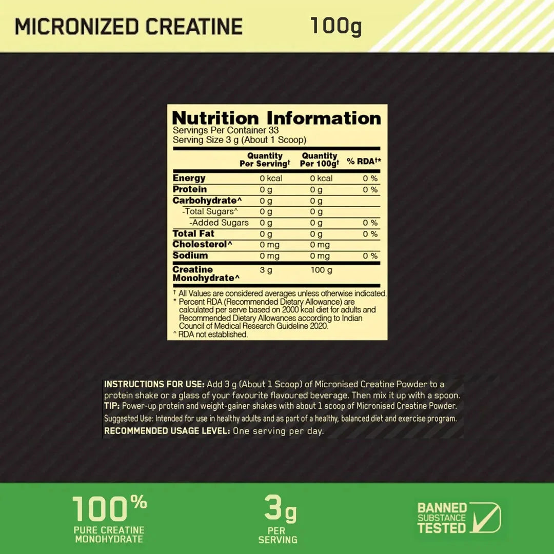 Supplement facts of Optimum Nutrition Micronized Creatine Powder Unflavored 300g at Nutrojenix.com